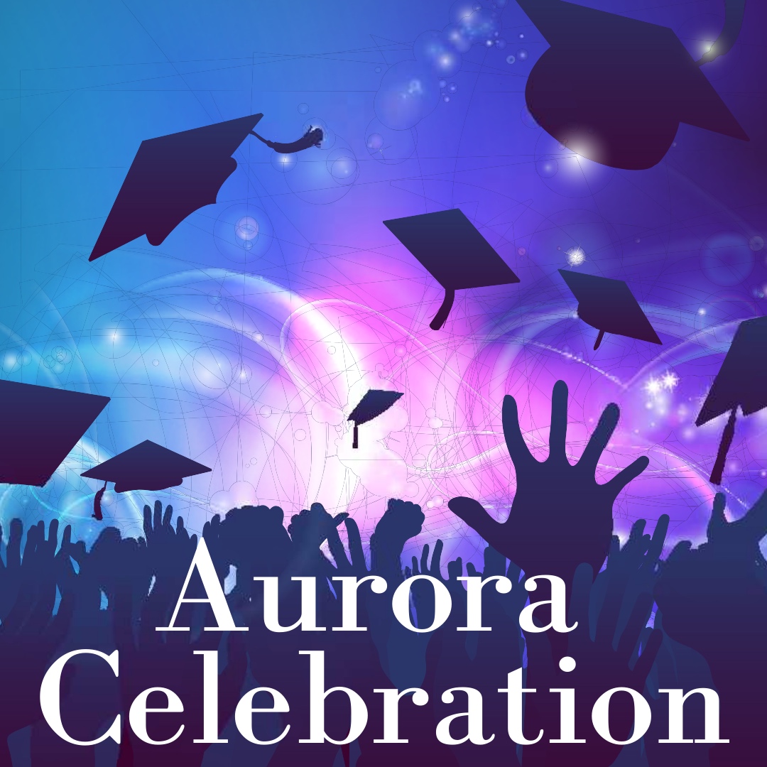 Graphic of graduation hats flying in the air for Aurora Celebration